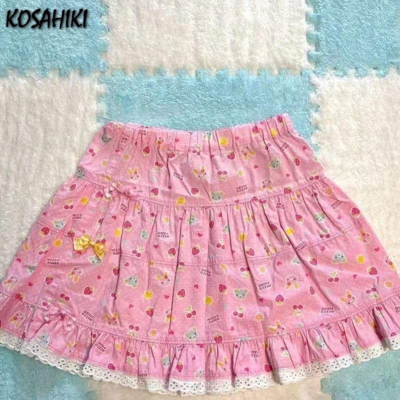 Japanese Kawaii Cartoon Print Mini Cake Skirts Womens JK Lace Patchwork Jupe High Waist Skirt Y2k Aesthetic Sweet Gothic Faldas