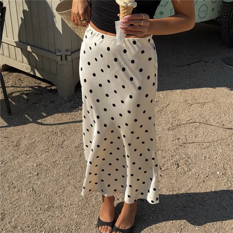 Women Y2K Polka Dot Satin Midi Skirt High Waist Fishtail Long Skirt Elegant Silky Satin Skirt For Summer Office Party Vacation