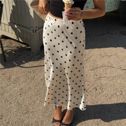 Women Y2K Polka Dot Satin Midi Skirt High Waist Fishtail Long Skirt Elegant Silky Satin Skirt For Summer Office Party Vacation