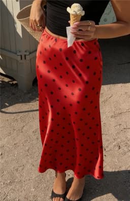 Women Y2K Polka Dot Satin Midi Skirt High Waist Fishtail Long Skirt Elegant Silky Satin Skirt For Summer Office Party Vacation