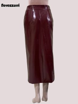 Nerazzurri Autumn Long Shiny Faux Leather Midi Pencil Skirt Women with Back Slit High Waist Elegant Chic Luxury Clothes Fashion