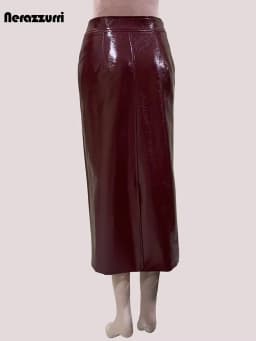 Nerazzurri Autumn Long Shiny Faux Leather Midi Pencil Skirt Women with Back Slit High Waist Elegant Chic Luxury Clothes Fashion