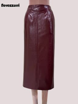 Nerazzurri Autumn Long Shiny Faux Leather Midi Pencil Skirt Women with Back Slit High Waist Elegant Chic Luxury Clothes Fashion