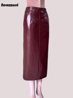 Nerazzurri Autumn Long Shiny Faux Leather Midi Pencil Skirt Women with Back Slit High Waist Elegant Chic Luxury Clothes Fashion