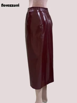 Nerazzurri Autumn Long Shiny Faux Leather Midi Pencil Skirt Women with Back Slit High Waist Elegant Chic Luxury Clothes Fashion
