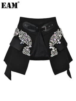 EAM Black Irregular Rhinestones Belted Mini Half-body Skirt High Waist Women Fashion Tide New Spring Autumn 2026 JY75801