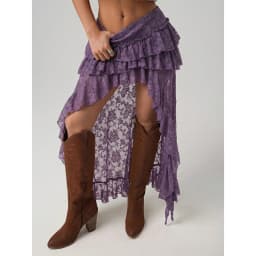 Bohemian Lace Embroidery Women's Soild Color Skirts Asymmetrical Tierred Premium See Through Long Skirts
