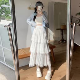 Sweet Lace Ruffles Long Skirt Women Summer Cute Puff Cake A Line Skirt Woman Korean Style High Waist White Chiffon Tulle Skirt