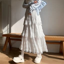 Sweet Lace Ruffles Long Skirt Women Summer Cute Puff Cake A Line Skirt Woman Korean Style High Waist White Chiffon Tulle Skirt