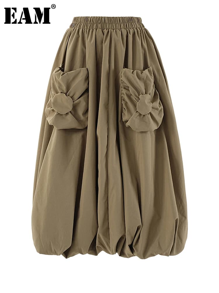 [EAM] High Elastic Waist Khaki Pocket Shaped A-line Casual Half-body Skirt Women Fashion Tide New Spring Autumn 2026 CPG2082