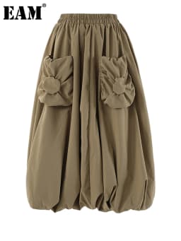 [EAM] High Elastic Waist Khaki Pocket Shaped A-line Casual Half-body Skirt Women Fashion Tide New Spring Autumn 2026 CPG2082