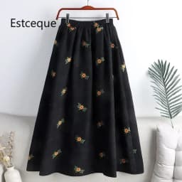 Corduroy Embroidery Women's Skirts Autumn Winter New Arrival Floral Skirts Female High Waist Slimming Mid-calf Skirt for Woman
