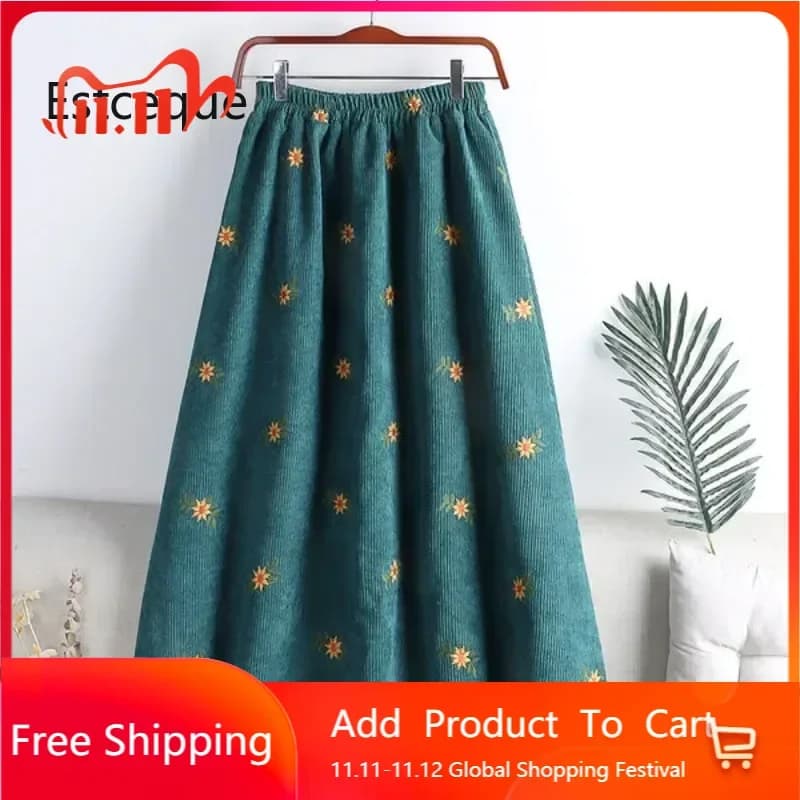 Corduroy Embroidery Women's Skirts Autumn Winter New Arrival Floral Skirts Female High Waist Slimming Mid-calf Skirt for Woman