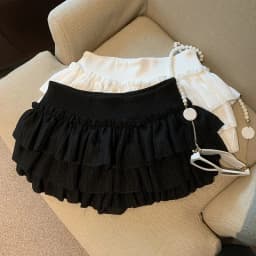 Sweet Puffy White Mini Skirt for Women Korean Harajuku Style Ruched Ruffle Skirts Woman Casual Campus Elastic Waist A-line Skirt