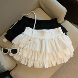 Sweet Puffy White Mini Skirt for Women Korean Harajuku Style Ruched Ruffle Skirts Woman Casual Campus Elastic Waist A-line Skirt