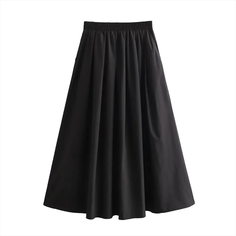 Mooyufon 2025 Women's temperament versatile loose and casual solid color high waisted skirt medium length A-line skirt