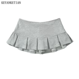 KEYANKETIAN New Women's Terry fabric Low waist Y2K Mini Skirt Wide pleat Decoration Light grey Flounce A Line Skort Hot sweet