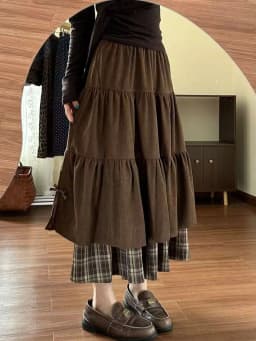Corduroy Plaid Long Half Skirt High Waist Slimming Knot Long Dress Half Body Skirt Japanese Style Casual A-Line Skirt