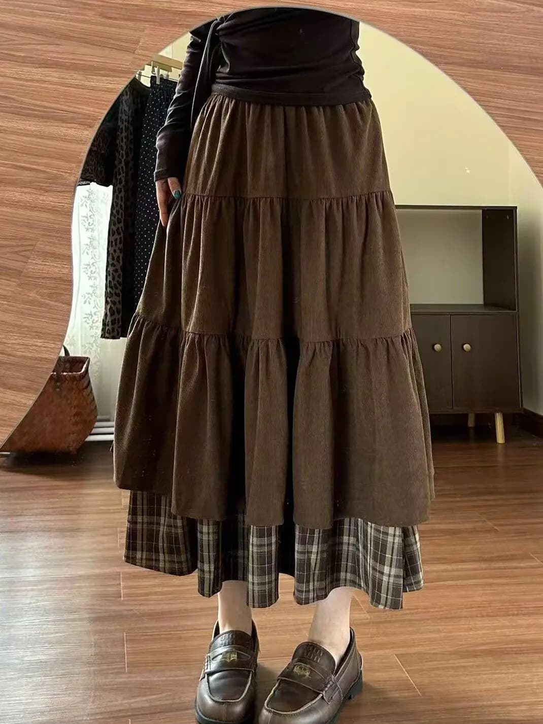 Corduroy Plaid Long Half Skirt High Waist Slimming Knot Long Dress Half Body Skirt Japanese Style Casual A-Line Skirt