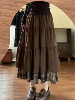 Corduroy Plaid Long Half Skirt High Waist Slimming Knot Long Dress Half Body Skirt Japanese Style Casual A-Line Skirt