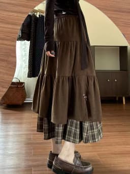 Corduroy Plaid Long Half Skirt High Waist Slimming Knot Long Dress Half Body Skirt Japanese Style Casual A-Line Skirt