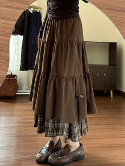 Corduroy Plaid Long Half Skirt High Waist Slimming Knot Long Dress Half Body Skirt Japanese Style Casual A-Line Skirt