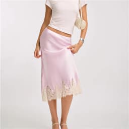 hirigin Women Silk Satin Half Slip Long Skirts Lace Patchwork Elastic Waist Long Skirt Elegant Silky Flowy A Line Midi Skirts