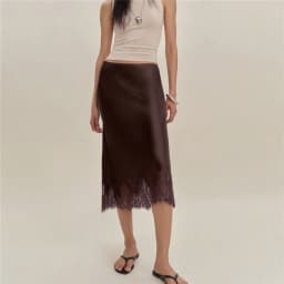 hirigin Women Silk Satin Half Slip Long Skirts Lace Patchwork Elastic Waist Long Skirt Elegant Silky Flowy A Line Midi Skirts