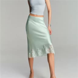 hirigin Women Silk Satin Half Slip Long Skirts Lace Patchwork Elastic Waist Long Skirt Elegant Silky Flowy A Line Midi Skirts