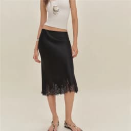 hirigin Women Silk Satin Half Slip Long Skirts Lace Patchwork Elastic Waist Long Skirt Elegant Silky Flowy A Line Midi Skirts