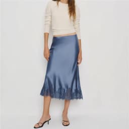 hirigin Women Silk Satin Half Slip Long Skirts Lace Patchwork Elastic Waist Long Skirt Elegant Silky Flowy A Line Midi Skirts