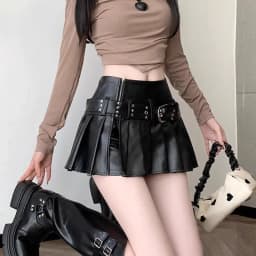 Black Retro Pu Leather Skirt Women Autumn New High-waisted A-word Pleated Skirt