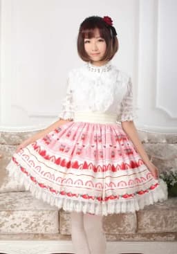 Sweet Japanese A-line Skirt Pink Lolita Strawberry Printed Lace Pleated Knee Length Short Skirt