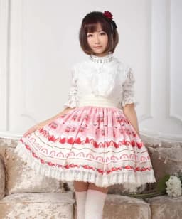 Sweet Japanese A-line Skirt Pink Lolita Strawberry Printed Lace Pleated Knee Length Short Skirt
