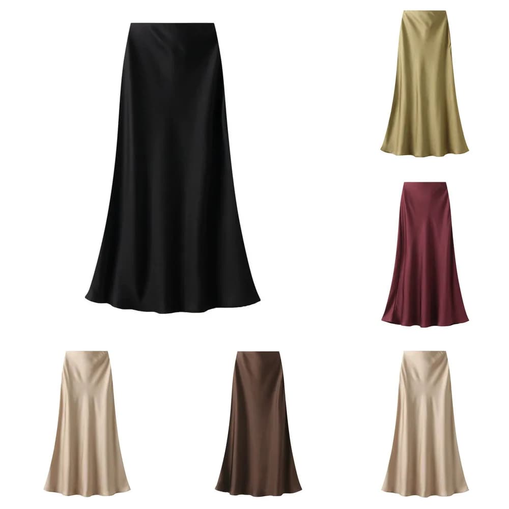 New In 2026 Women Spring Autumn Luxury Satin Long Skirts Female Elegant Office Lady High Waist Solid Color Faldas