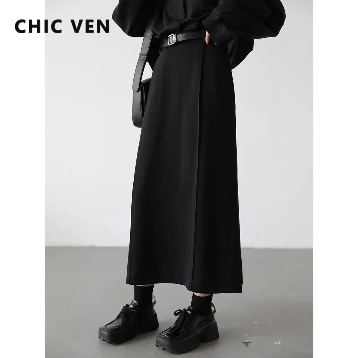 CHIC VEN Women's Skirts Loose High Waist Pleated Straight Tube Skirt Slit Black Female Clothes Office Lady Autumn Winter 2024
