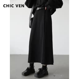 CHIC VEN Women's Skirts Loose High Waist Pleated Straight Tube Skirt Slit Black Female Clothes Office Lady Autumn Winter 2024