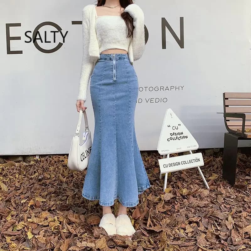 2026 Solid Slimming High Waist Midi A- Line Skirt Woman Trumpet Sides for Women Denim Half-length Skirt with Flounce