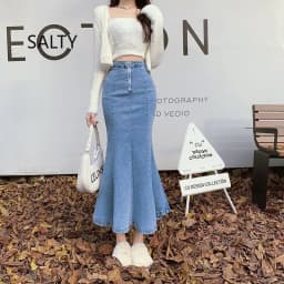 2026 Solid Slimming High Waist Midi A- Line Skirt Woman Trumpet Sides for Women Denim Half-length Skirt with Flounce