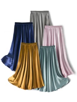 SuyaDream Women Pleated Skirt, 100%Real Silk, Elastic Waist, Solid Long A-Line Skirts, 2025 Spring Summer Bottoms