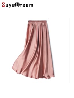 SuyaDream Women Pleated Skirt, 100%Real Silk, Elastic Waist, Solid Long A-Line Skirts, 2025 Spring Summer Bottoms