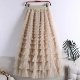 Chamliforve Women Tulle Mesh Skirt Elegant Elastic Waist Fairy Long A-line Tutu Skirt for Spring Summer Long Cake Skirt