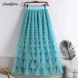 Chamliforve Women Tulle Mesh Skirt Elegant Elastic Waist Fairy Long A-line Tutu Skirt for Spring Summer Long Cake Skirt