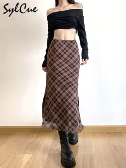 Sylcue French Style Rhomboid Classic Retro All-match Casual Fashionable Cool Self-confidence Street Women Autumn Straight Skirt