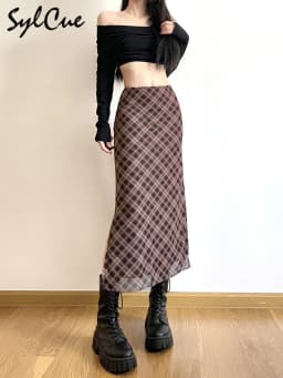 Sylcue French Style Rhomboid Classic Retro All-match Casual Fashionable Cool Self-confidence Street Women Autumn Straight Skirt