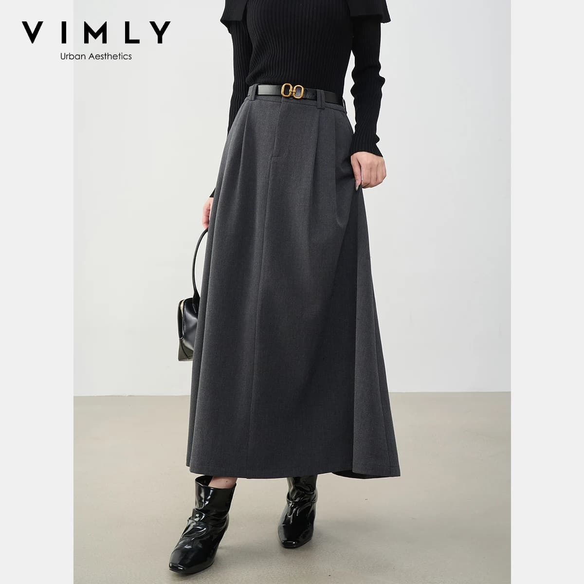 VIMLY Midi Women Skirt 2026 Autumn Office Lady Gray A-line Bud Elegant Ladies Skirt Zipper Loose Pockets Female Skirts A2202