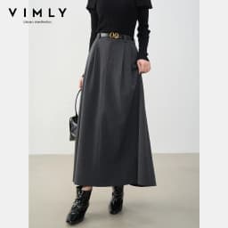 VIMLY Midi Women Skirt 2026 Autumn Office Lady Gray A-line Bud Elegant Ladies Skirt Zipper Loose Pockets Female Skirts A2202