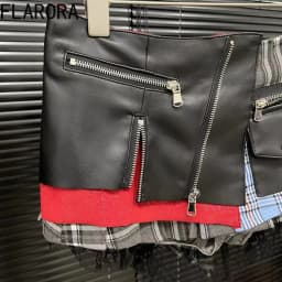 FLARORA Fashion Y2k Patchwork Plaid Design Skirts Woman High Waist Zip Pocket Mini Pleated Skirt Trendy Female Street Bottoms