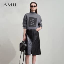 AMII Minimalist PU Leather Skirt For Women 2026 American Retro Knee-Length Skirt Solid Basics Business Women's Clothing 12553014
