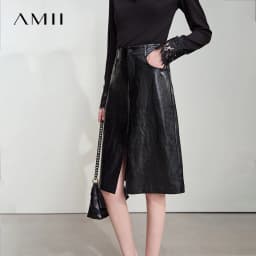 AMII Minimalist PU Leather Skirt For Women 2026 American Retro Knee-Length Skirt Solid Basics Business Women's Clothing 12553014